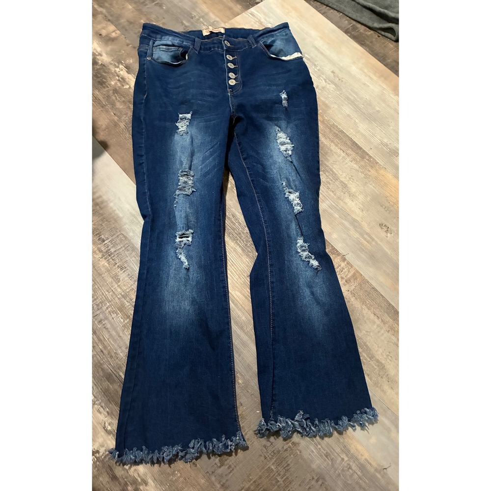 Elite Jeans Womens Distressed Flare Leg Jeans Dark Wash Button Fly Size 15/16